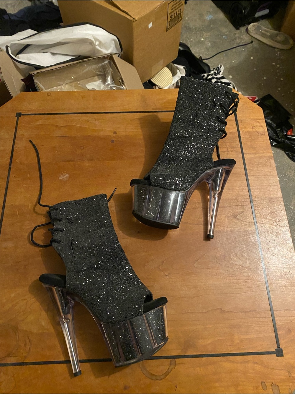 Pleaser Black Glitter Lace Up Platform Heeled Booties